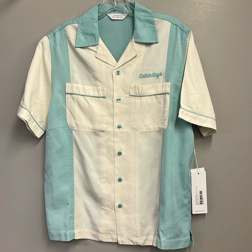 Saturdays pale blue and cream bowling shirt